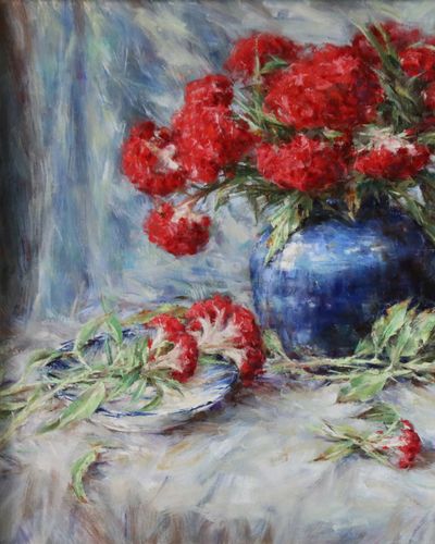Red cockscomb flowers in blue jar. Aug. 2019