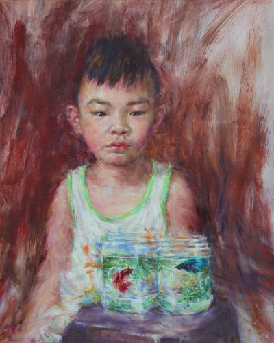 Portrait of a boy with betta fish. May. 2017.