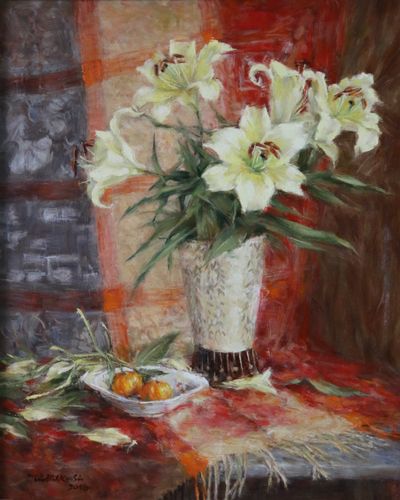 Still life of lilies and two tangerines. Jun.2020