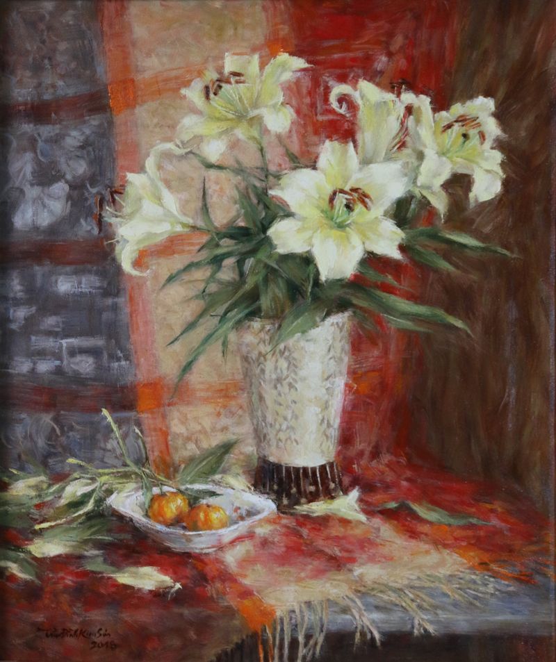 Still life of lilies and two tangerines. Jun.2020