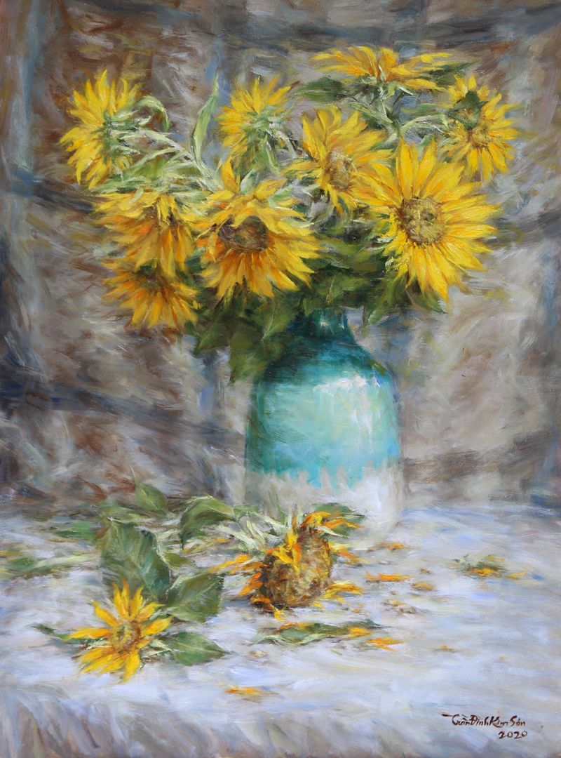 Still life of sunflowers (blue jar). Aug.2020