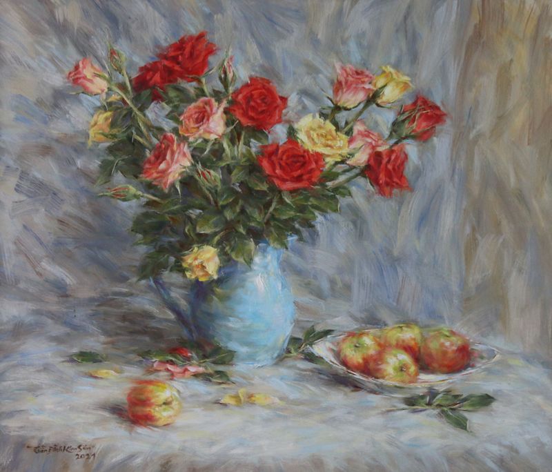 Still life of roses and apricots. Nov. 2021