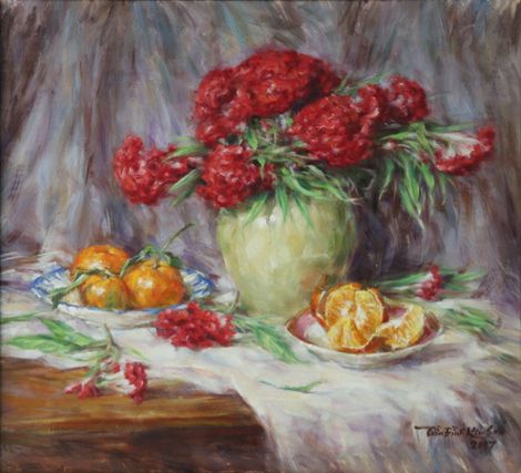 Still-life of cockscomb and tangerines. Sep. 2017.