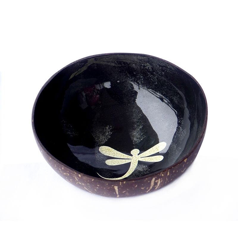 IA Crafts Vietnamese Lacquer Painting Coconut Shell Bowl with White Dragonfly Design